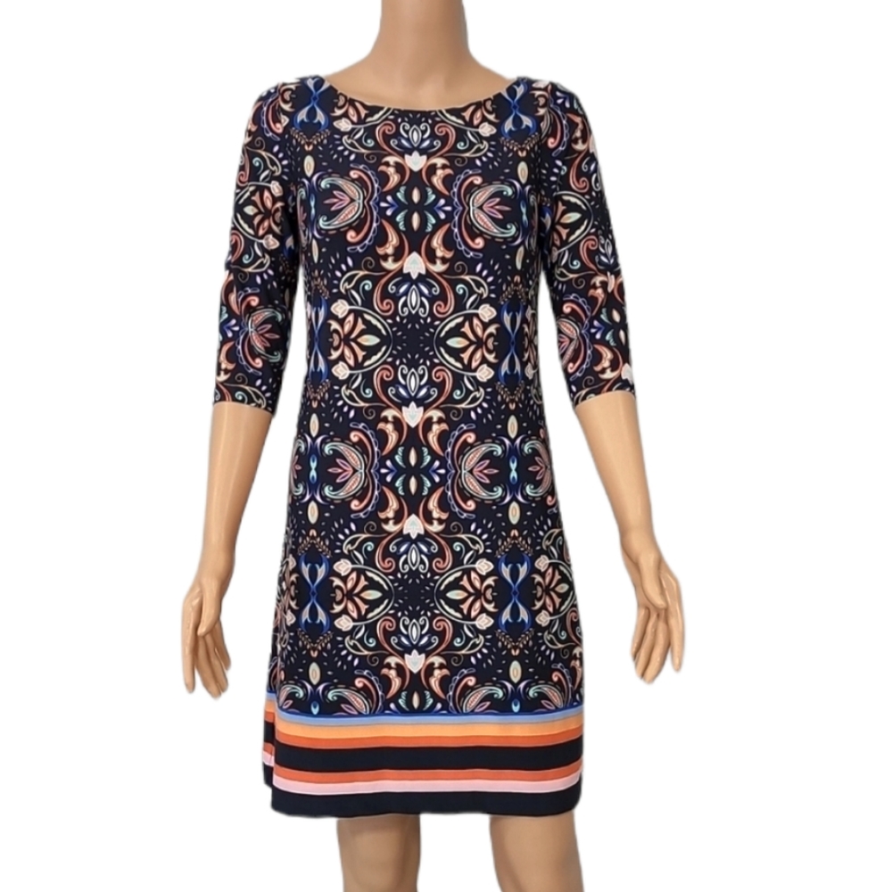 Vince Camuto Shift Dress Womens Size 2 Navy Blue Orange Paisley print 3/4 Sleeve